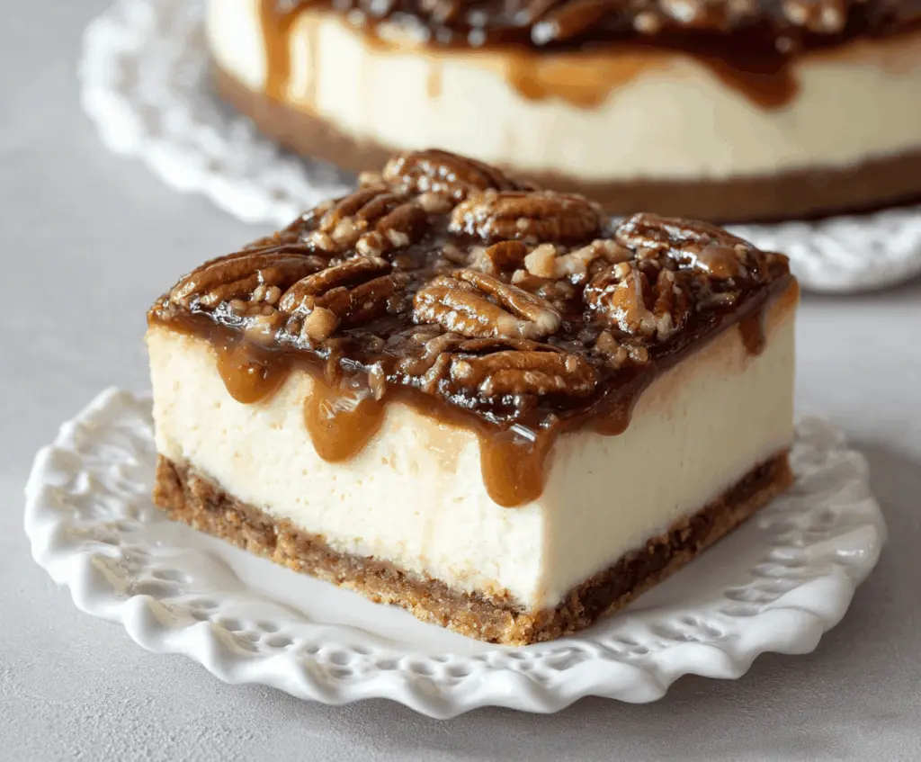 Creamy pecan pie cheesecake topped with crunchy pecans for a delicious dessert.