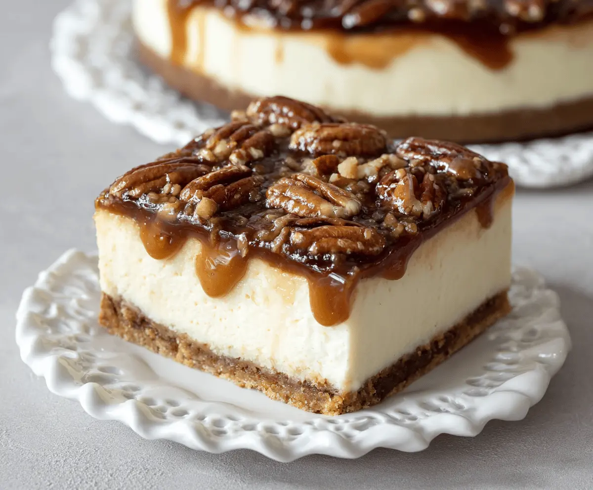 Creamy pecan pie cheesecake topped with crunchy pecans for a delicious dessert.