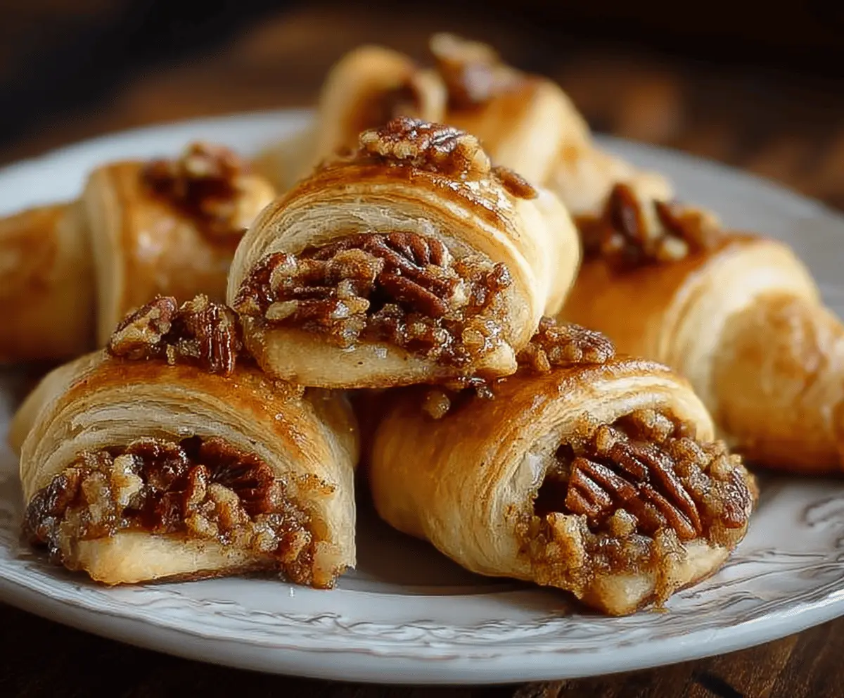 Delicious Pecan Pie Crescent Rolls topped with caramelized pecans and golden crust, perfect for dessert or snack.