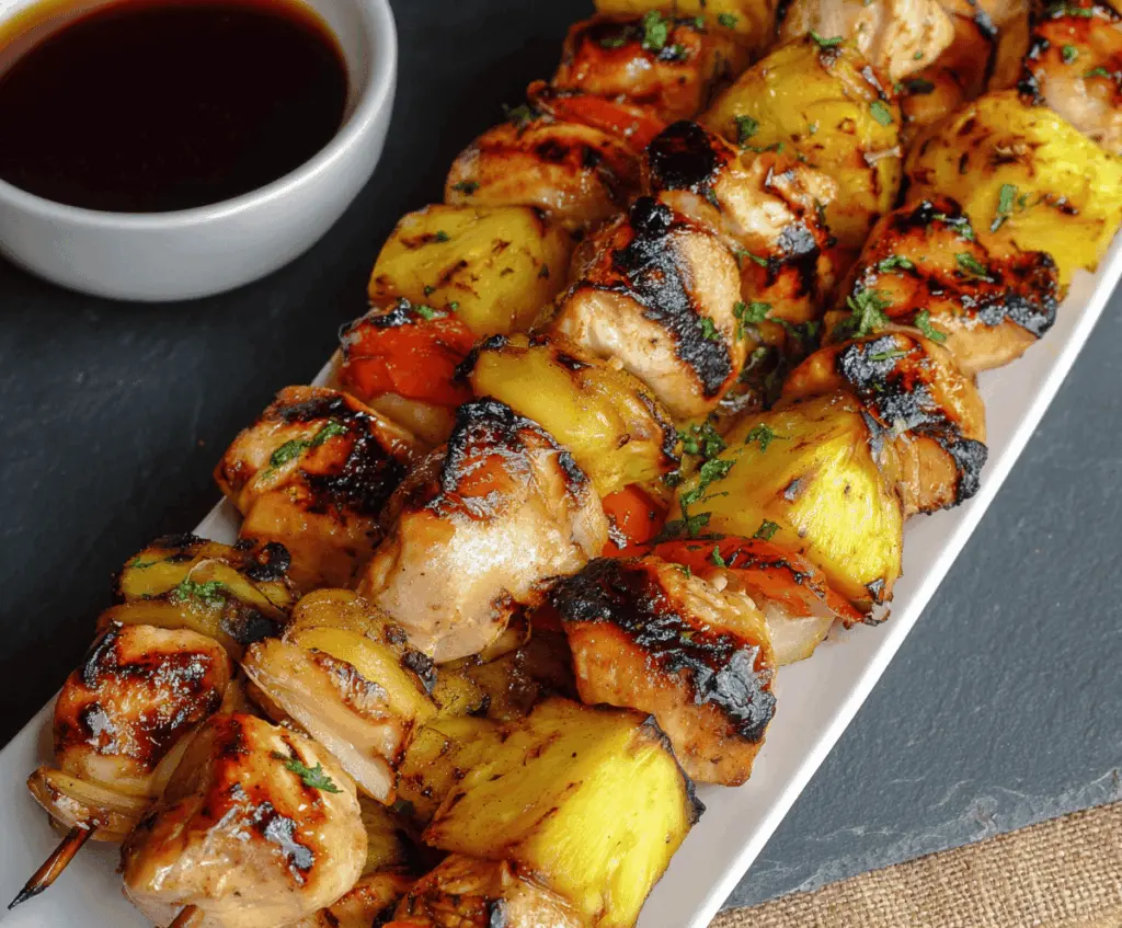 Colorful pineapple chicken kabobs featuring grilled chicken chunks, fresh pineapple pieces, and vibrant vegetables on skewers ready for summer grilling.