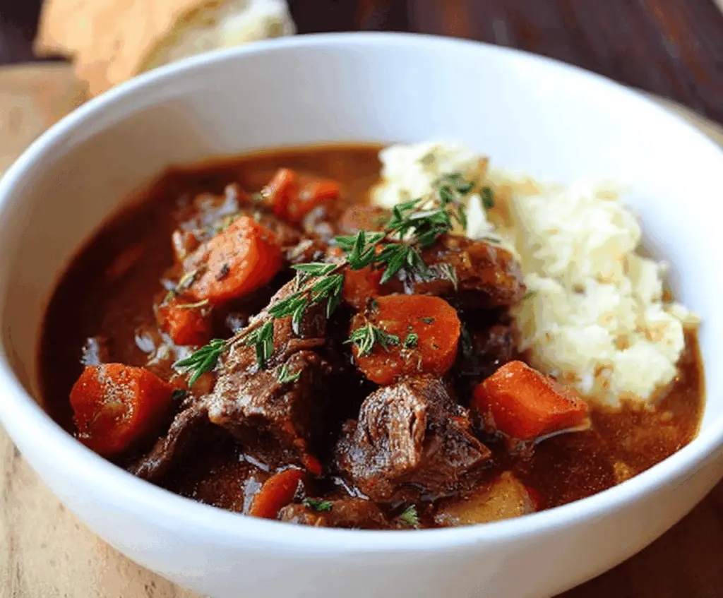 Hearty Pioneer Woman's Crockpot Beef Stew with tender beef chunks, vegetables, and savory broth served in a rustic bowl
