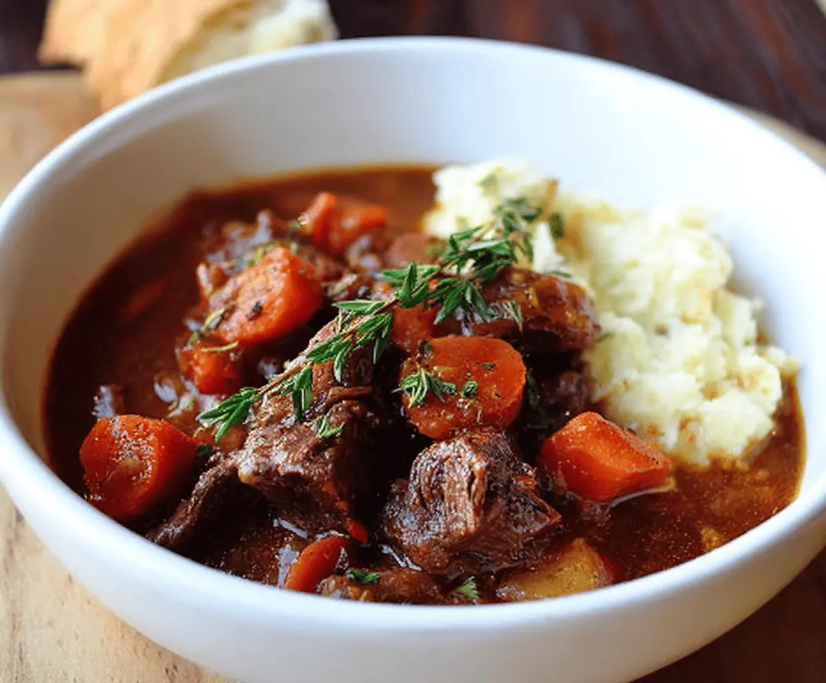 Hearty Pioneer Woman's Crockpot Beef Stew with tender beef chunks, vegetables, and savory broth served in a rustic bowl