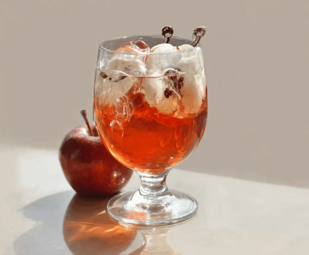 Spooky Poisoned Apple Cider in a glass mug with apple slices and cinnamon sticks, perfect for Halloween celebrations