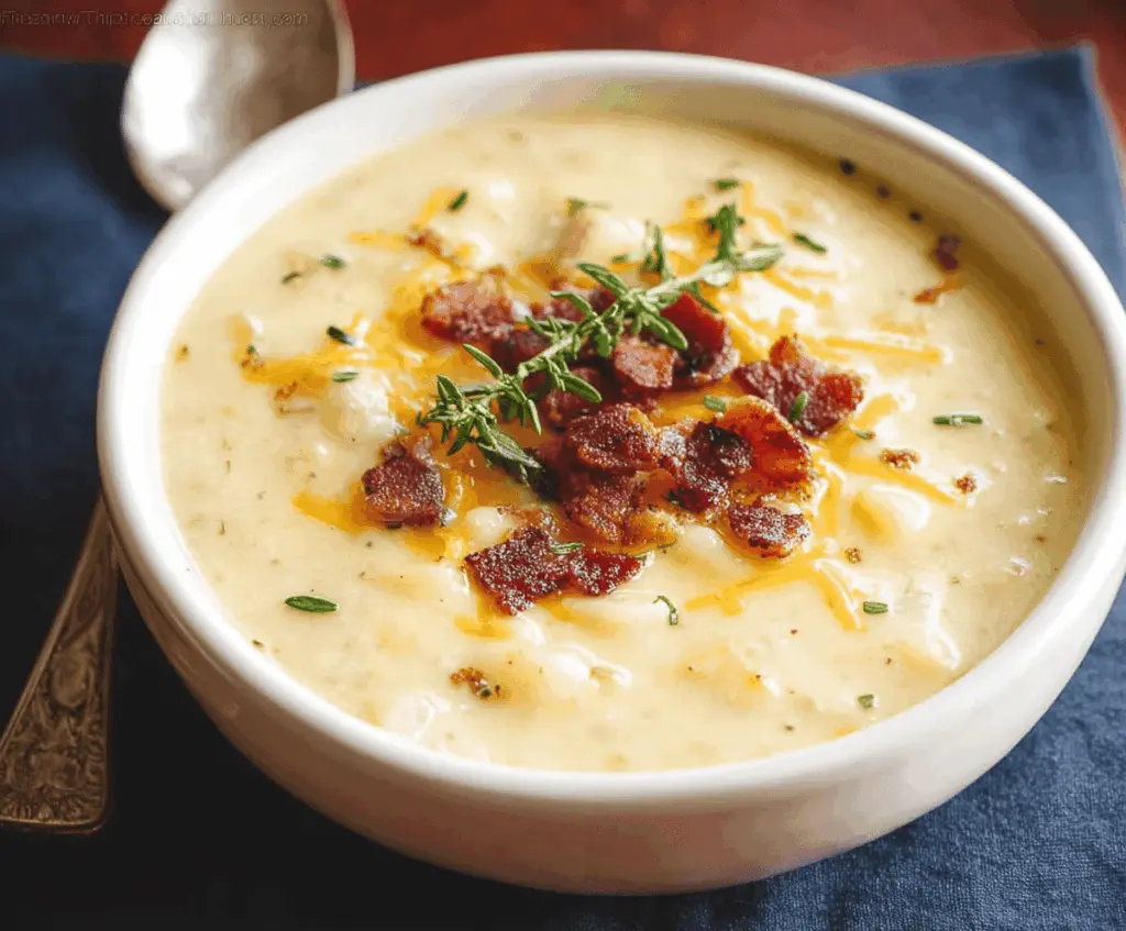 Creamy potato soup in a bowl garnished with fresh herbs, served with crusty bread, perfect for a cozy meal.