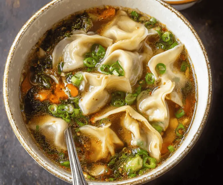 Delicious potsticker soup with steamed dumplings, fresh vegetables, and flavorful broth served in a bowl