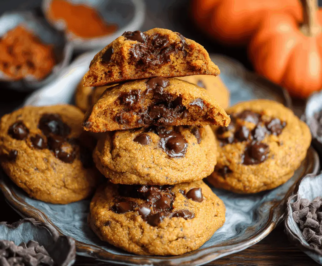 Delicious homemade pumpkin chocolate chip cookies on a baking tray, featuring soft, moist pumpkin flavor and melty chocolate chips, perfect for fall treats.