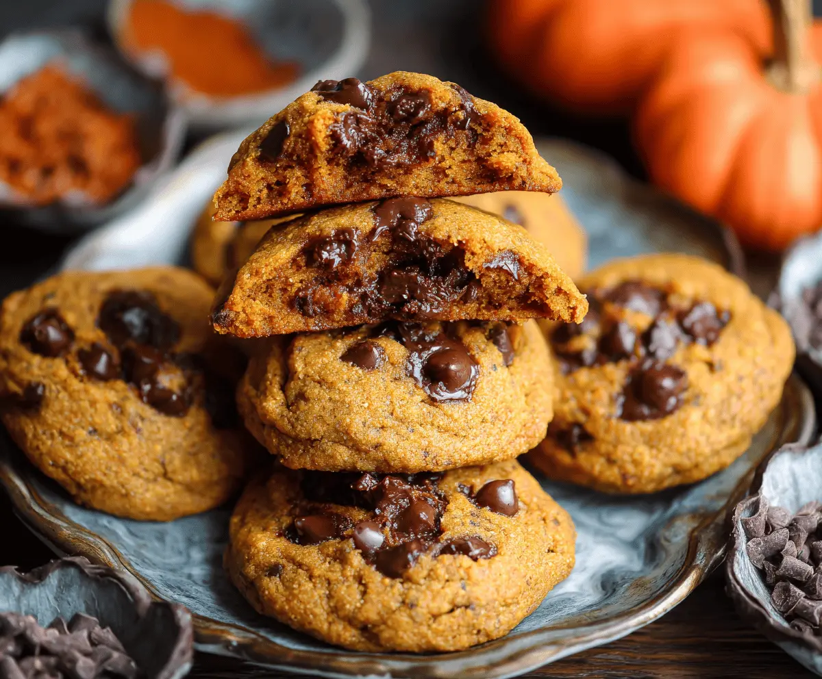 Delicious homemade pumpkin chocolate chip cookies on a baking tray, featuring soft, moist pumpkin flavor and melty chocolate chips, perfect for fall treats.