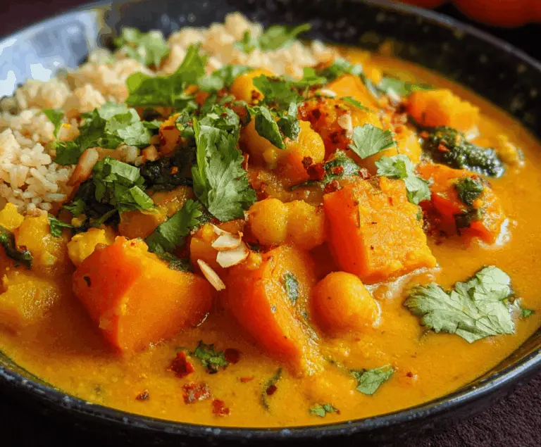 Creamy pumpkin curry served with rice, featuring vibrant orange pumpkin chunks, aromatic spices, and fresh herbs for a flavorful vegetarian meal.