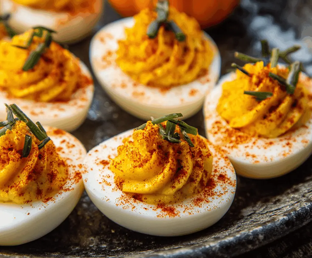 Delicious Pumpkin Patch Deviled Eggs decorated with festive orange and green toppings for a Halloween or fall party presentation.