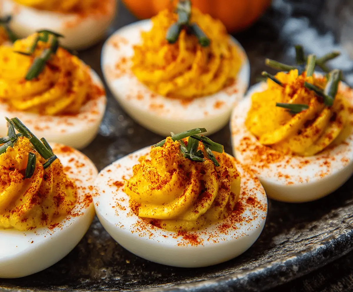 Delicious Pumpkin Patch Deviled Eggs decorated with festive orange and green toppings for a Halloween or fall party presentation.