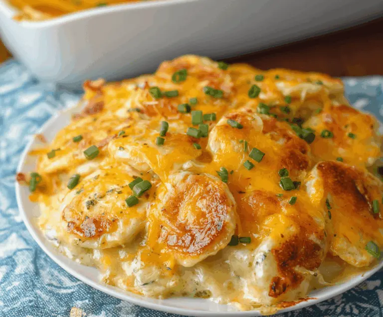 Delicious Savory Pierogi Casserole with golden baked pierogis, melted cheese, and fresh herbs on top, served in a baking dish.