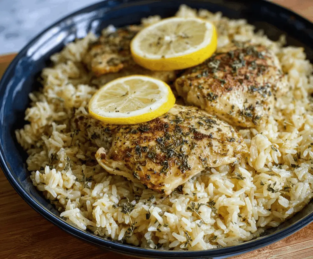 Juicy Slow Cooker Lemon Herb Chicken served with fluffy rice, garnished with fresh herbs and lemon slices for a flavorful and easy meal.