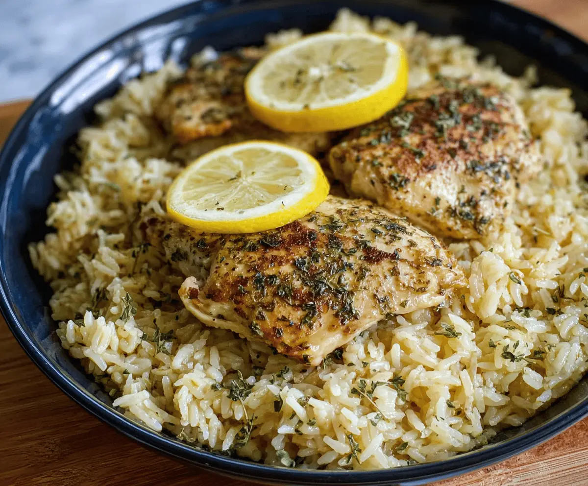 Juicy Slow Cooker Lemon Herb Chicken served with fluffy rice, garnished with fresh herbs and lemon slices for a flavorful and easy meal.