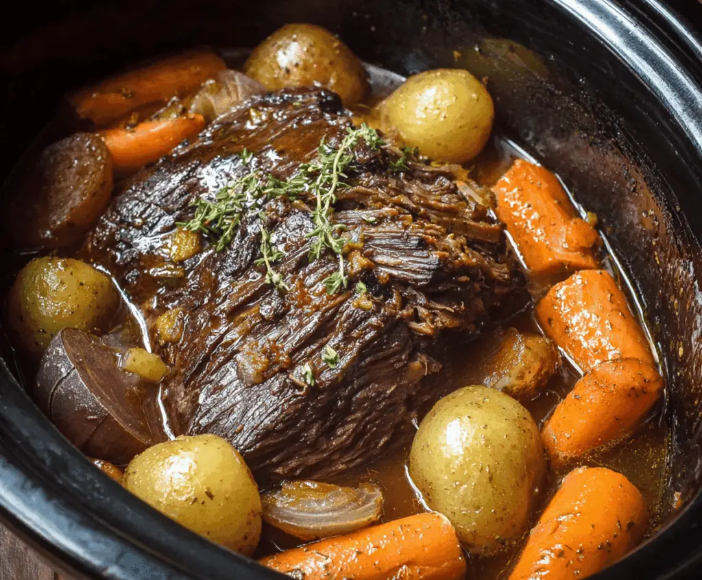 Delicious slow cooker pot roast with tender beef, vegetables, and herbs ready to serve