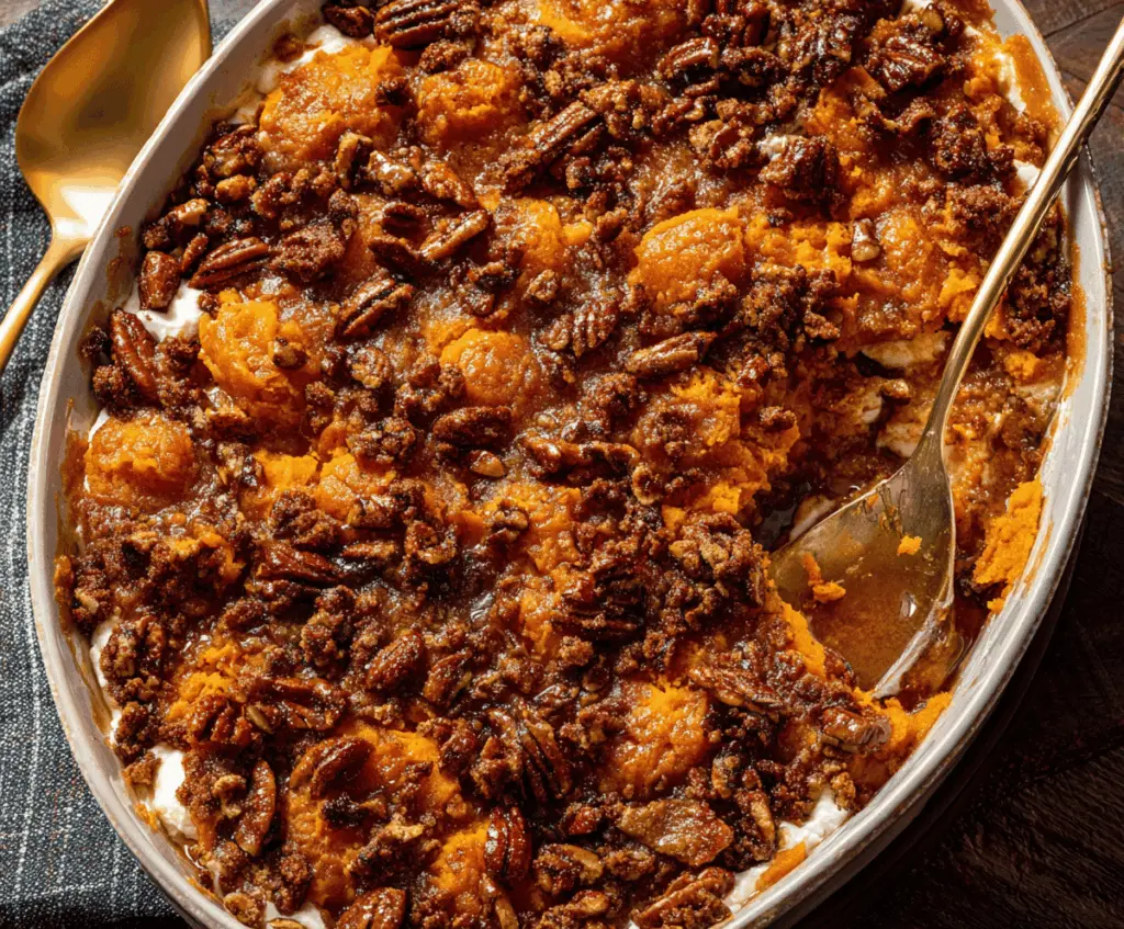 Creamy Southern Maple Sweet Potato Casserole topped with toasted marshmallows and pecans, ready to serve