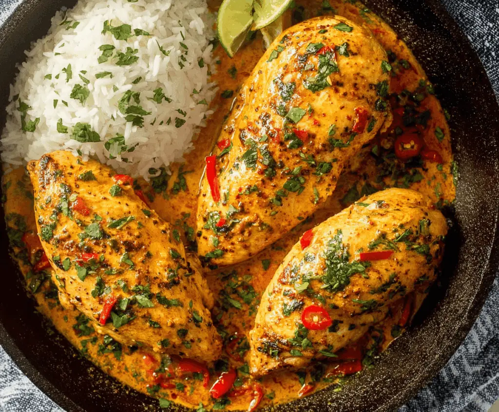Creamy and spicy Brazilian coconut chicken served with fresh herbs, perfect for a flavorful tropical meal