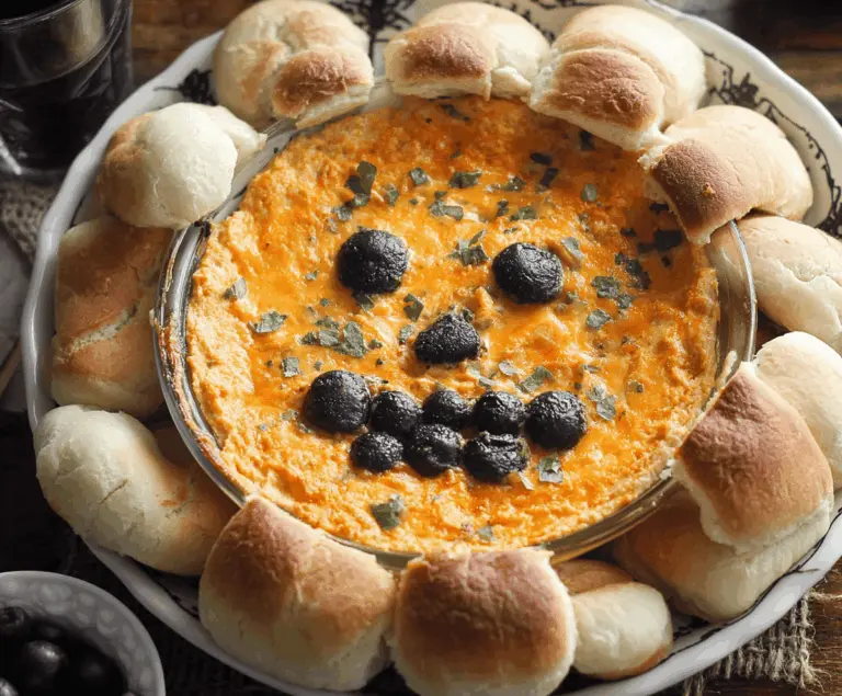 Delicious Spooky Halloween Buffalo Dip served in a festive dish with colorful Halloween decorations in the background