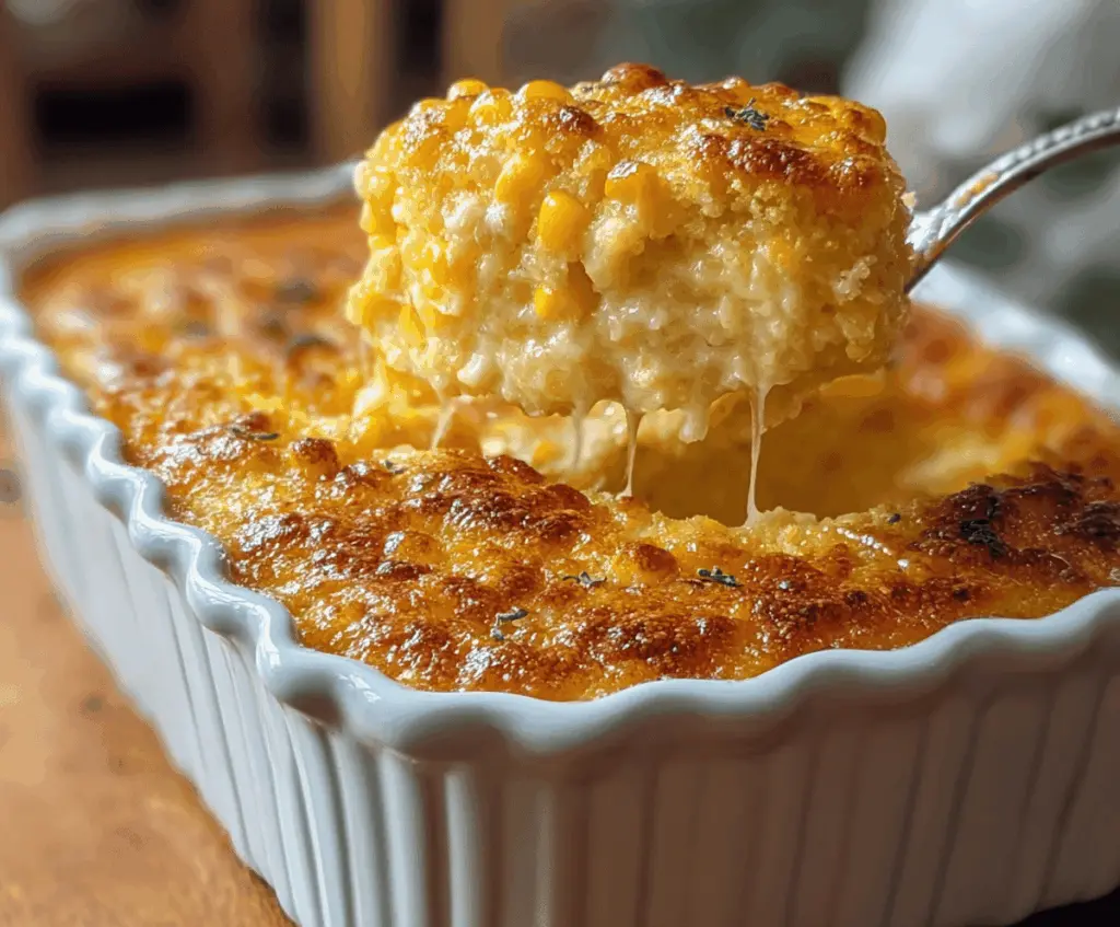 Delicious Sweet Honey-Glazed Corn Casserole served on a white plate with golden-brown topping.
