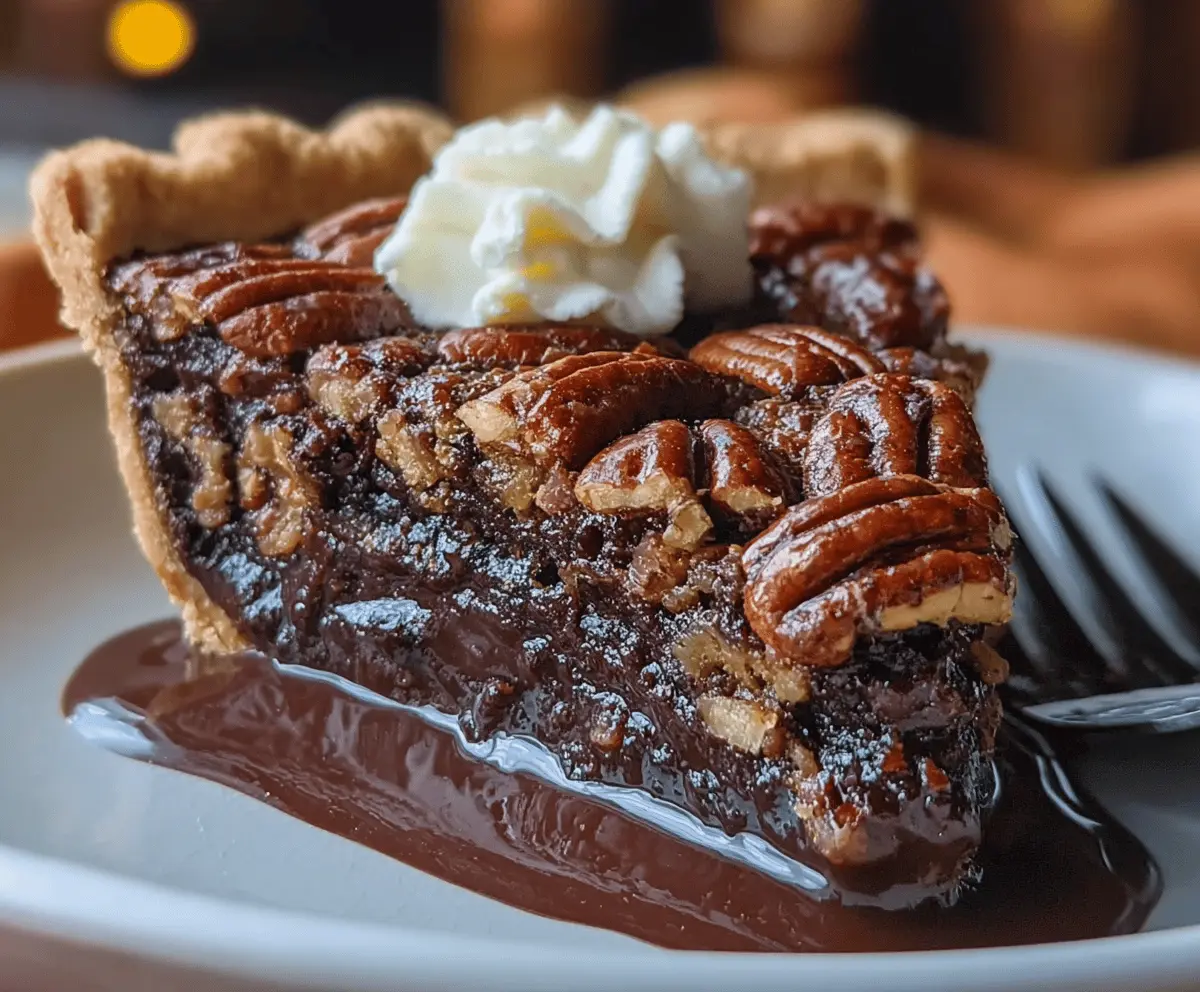 Decadent Texas Chocolate Pecan Pie topped with whipped cream and chocolate drizzle