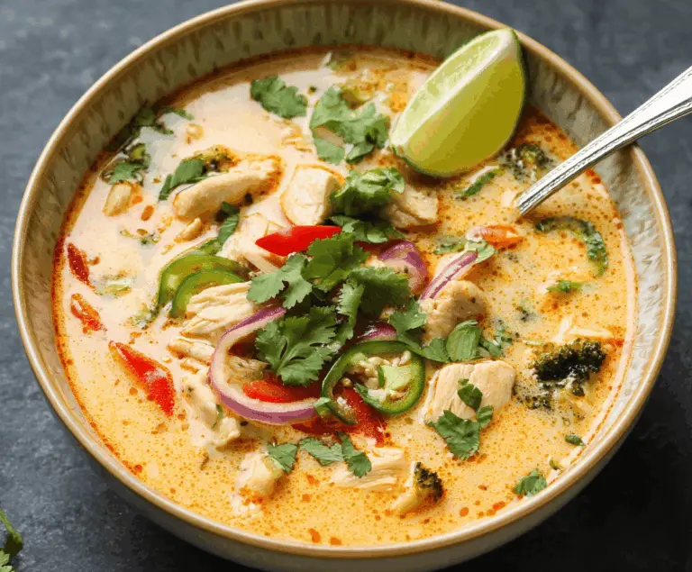 Delicious Thai Chicken Soup with fresh herbs, vegetables, and tender chicken in a flavorful broth, perfect for a comforting meal.