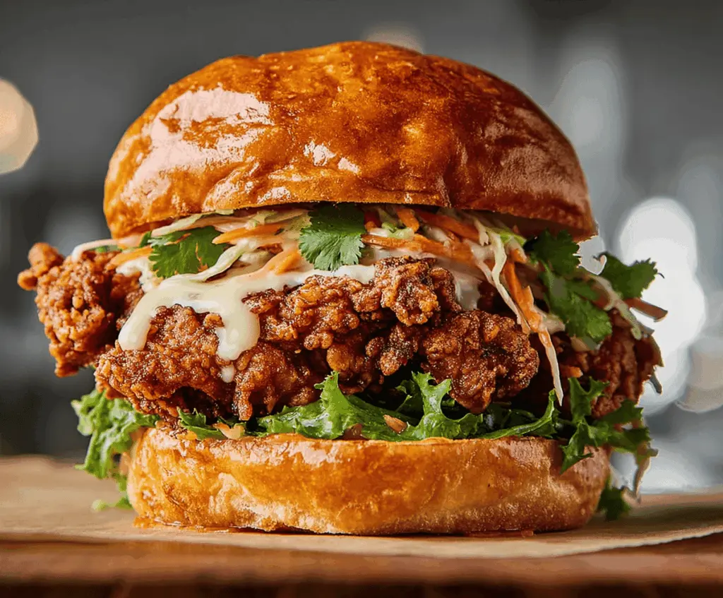 Delicious Thai fried chicken sandwich with crispy breaded chicken, fresh lettuce, and spicy Thai sauce on a toasted bun