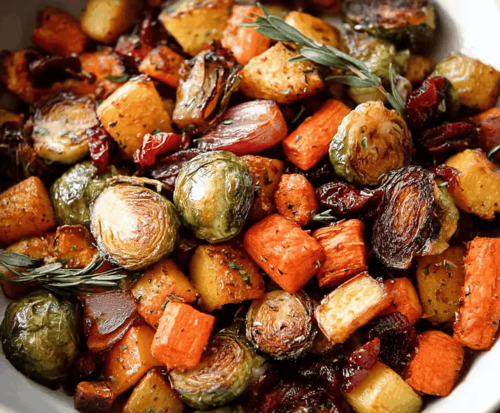 Colorful roasted vegetables served on a festive Thanksgiving plate, perfect for holiday dinner recipes.