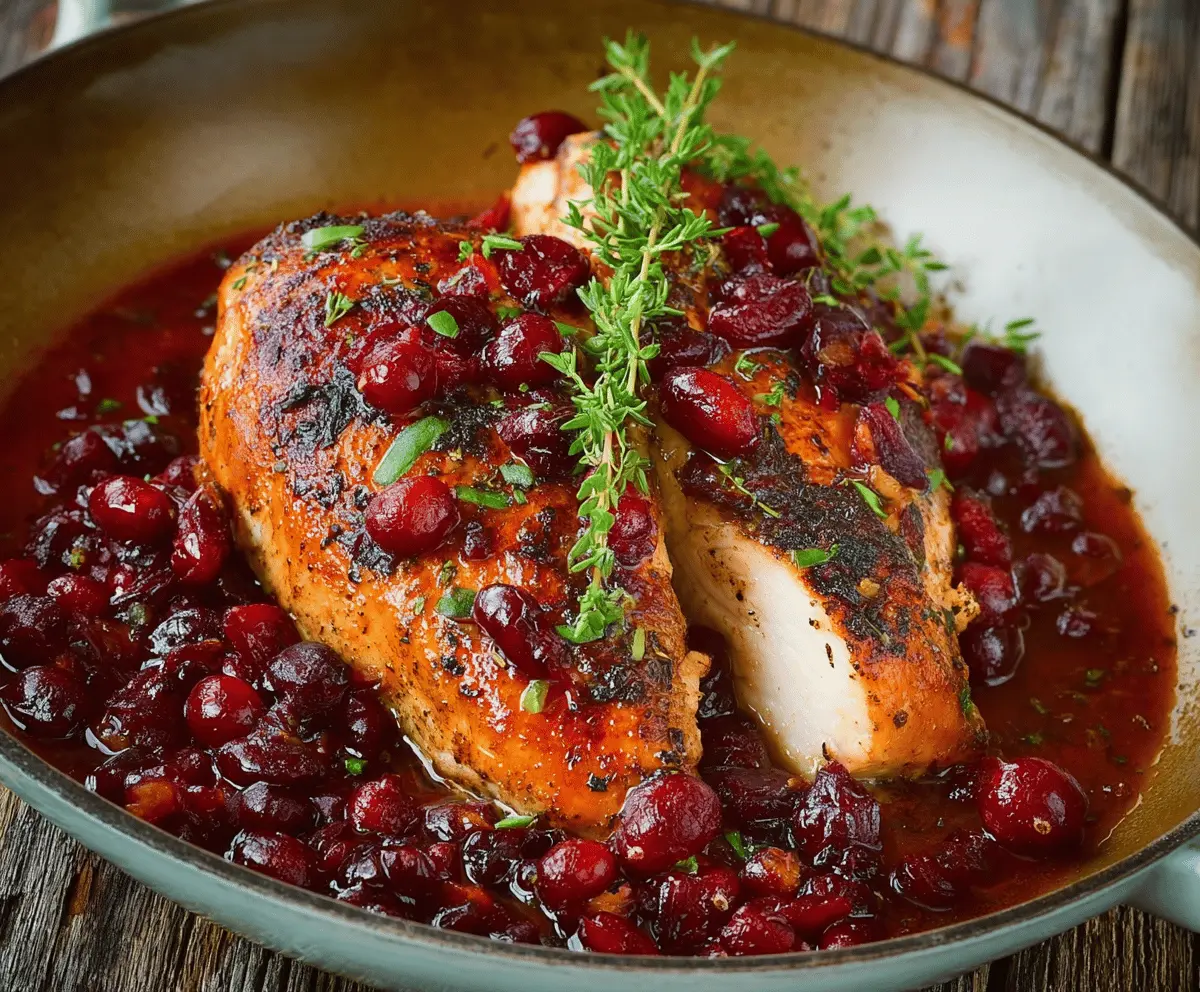 Juicy turkey breast topped with vibrant cranberry orange sauce, served on a plate with fresh herbs and orange slices, perfect for a festive meal.
