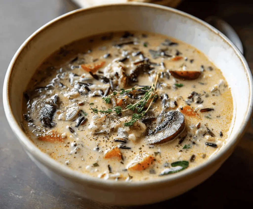 A steaming bowl of wild rice mushroom soup garnished with fresh herbs and served with crusty bread on a rustic wooden table.