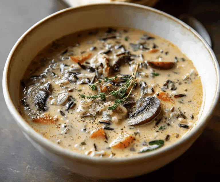 A steaming bowl of wild rice mushroom soup garnished with fresh herbs and served with crusty bread on a rustic wooden table.