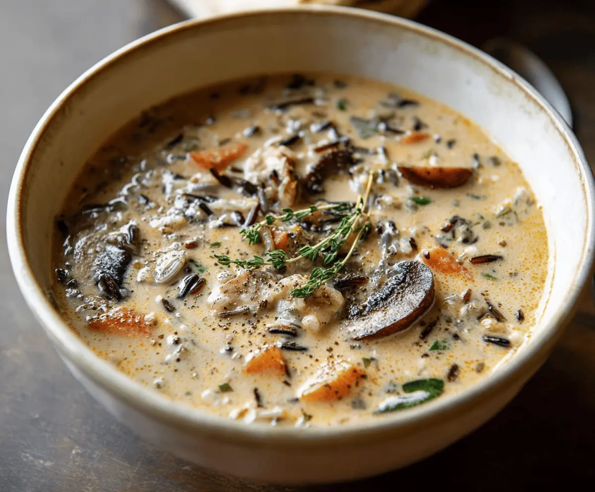 A steaming bowl of wild rice mushroom soup garnished with fresh herbs and served with crusty bread on a rustic wooden table.