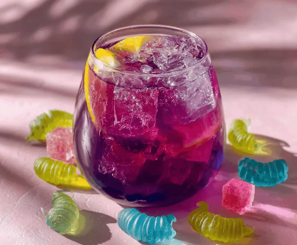 Colorful witch’s potion punch in a spooky cauldron with floating ice and eerie garnish for a festive Halloween party.