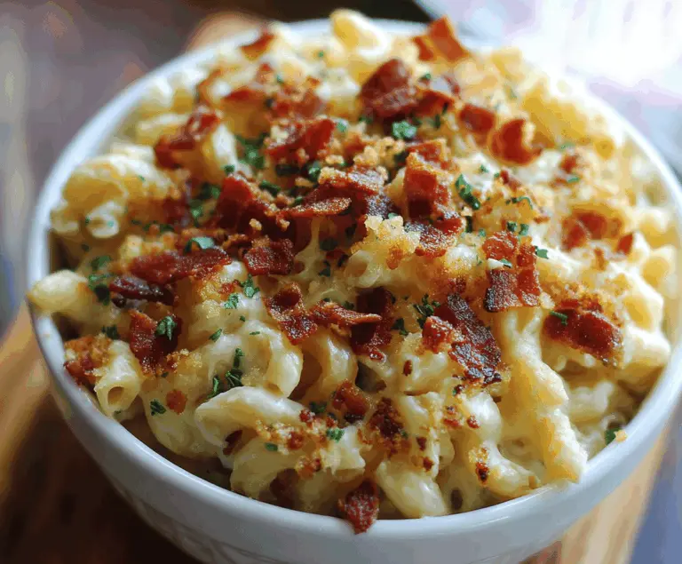 Creamy mac and cheese topped with crispy bacon, served in a white bowl.