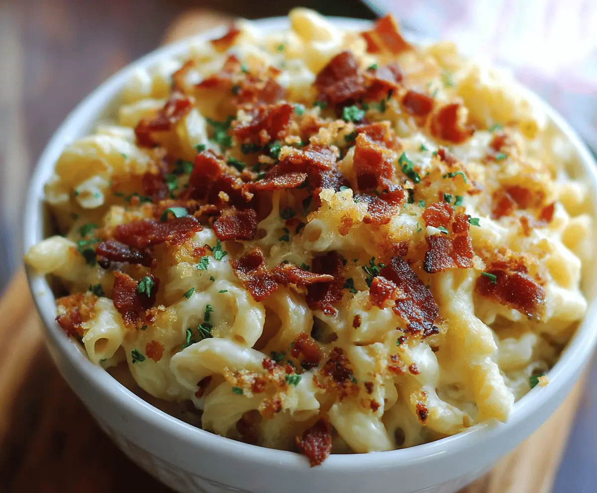 Creamy mac and cheese topped with crispy bacon, served in a white bowl.