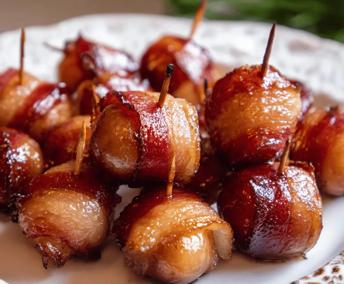 Crispy bacon-wrapped water chestnuts on a serving platter, garnished with herbs