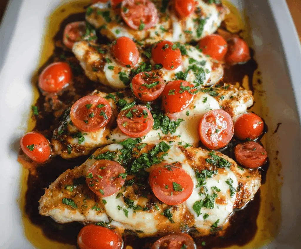 Delicious balsamic chicken breast topped with melted mozzarella cheese on a rustic plate.