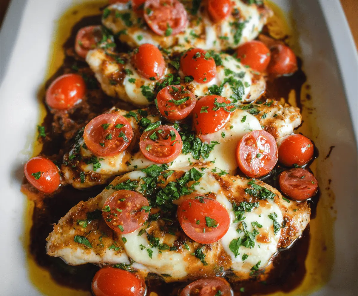 Delicious balsamic chicken breast topped with melted mozzarella cheese on a rustic plate.