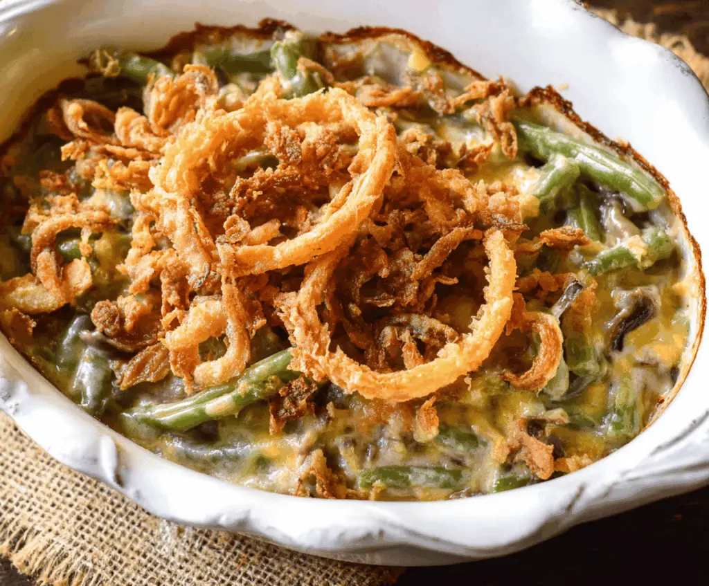 Delicious Barefoot Contessa Green Bean Casserole with crispy fried onions and creamy sauce on a serving platter