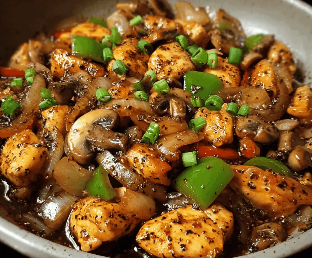 Delicious black pepper chicken with tender mushrooms served on a plate