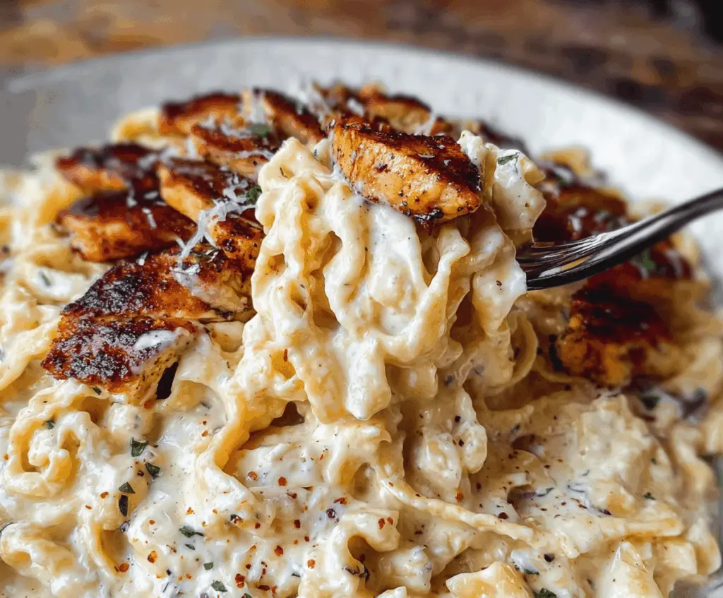 Creamy Cajun Chicken Alfredo with blackened seasoned chicken served over pasta.