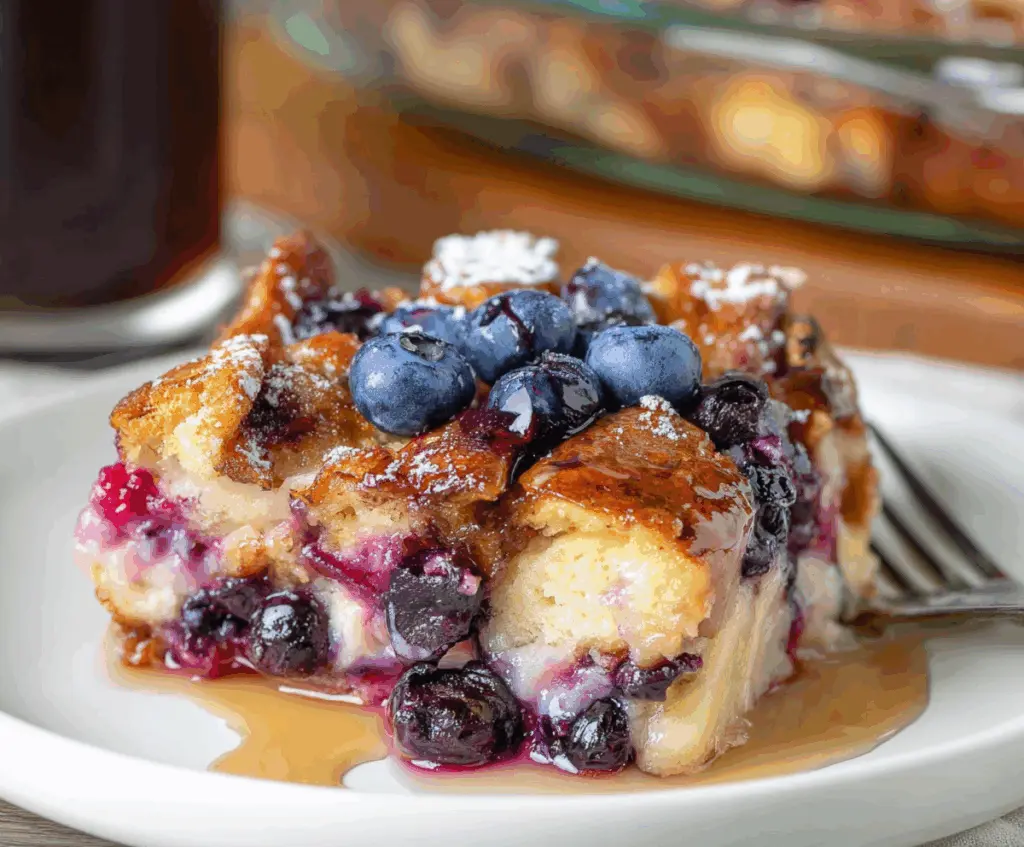 Delicious blueberry French toast casserole topped with fresh blueberries and powdered sugar, served in a baking dish.