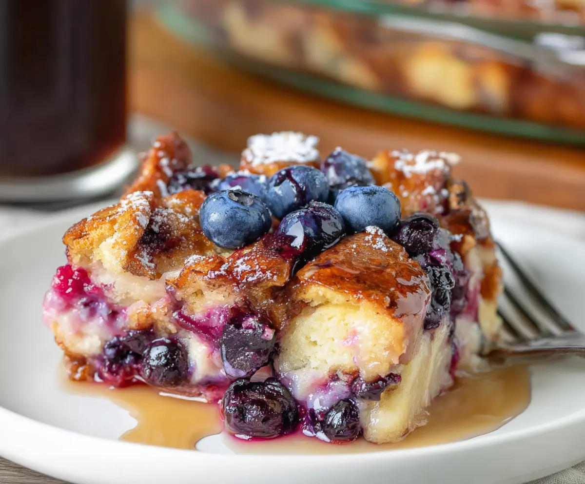 Delicious blueberry French toast casserole topped with fresh blueberries and powdered sugar, served in a baking dish.