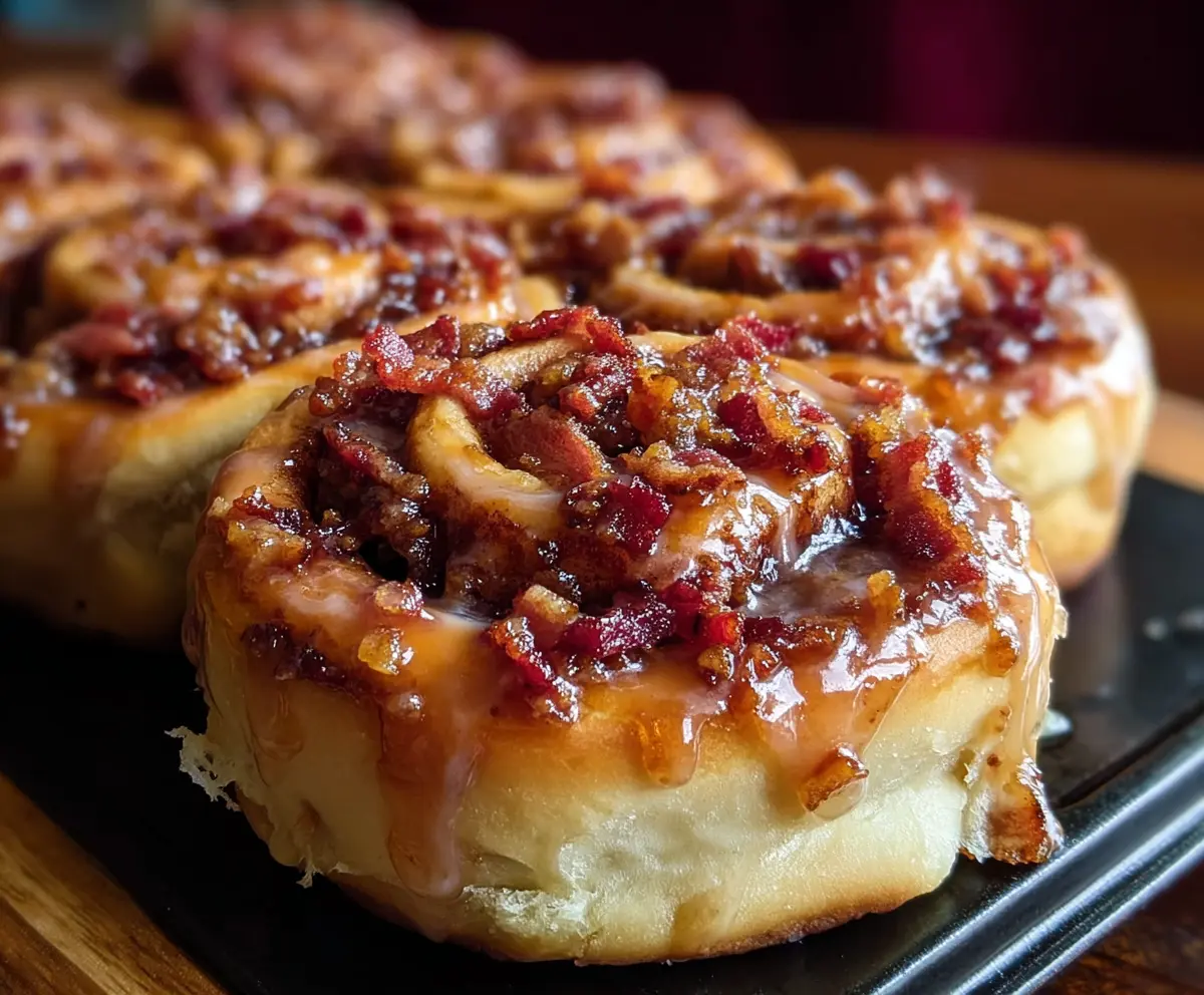 Delicious Bourbon Maple Bacon Cinnamon Rolls with glistening icing and crispy bacon topping.