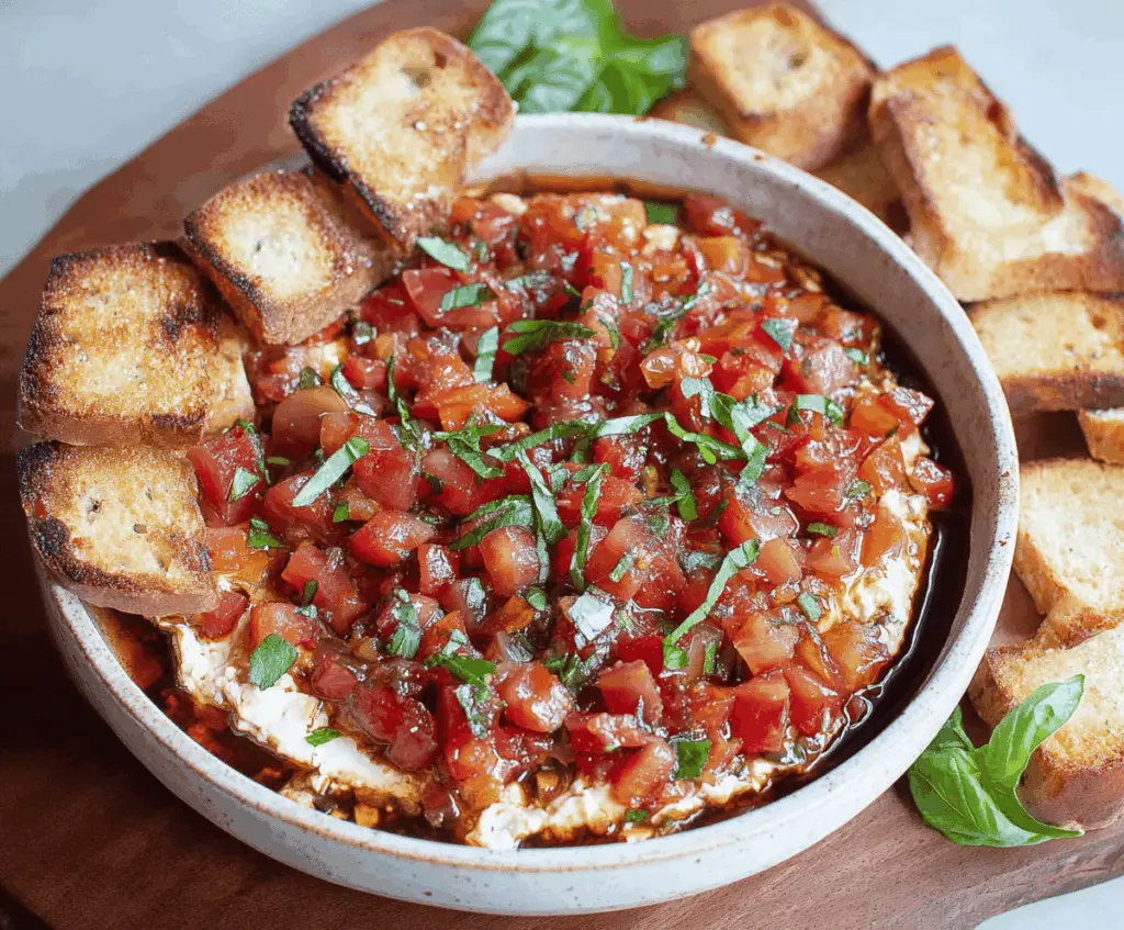 Creamy bruschetta dip with fresh tomatoes, basil, and garlic served with toasted baguette slices