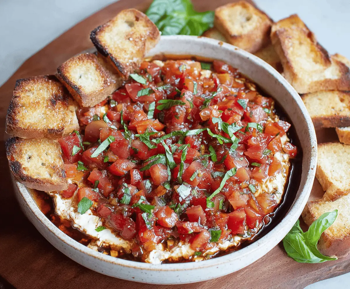 Creamy bruschetta dip with fresh tomatoes, basil, and garlic served with toasted baguette slices