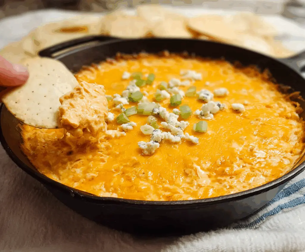 Delicious creamy Buffalo Chicken Dip served with fresh vegetables and chips for a perfect appetizer.