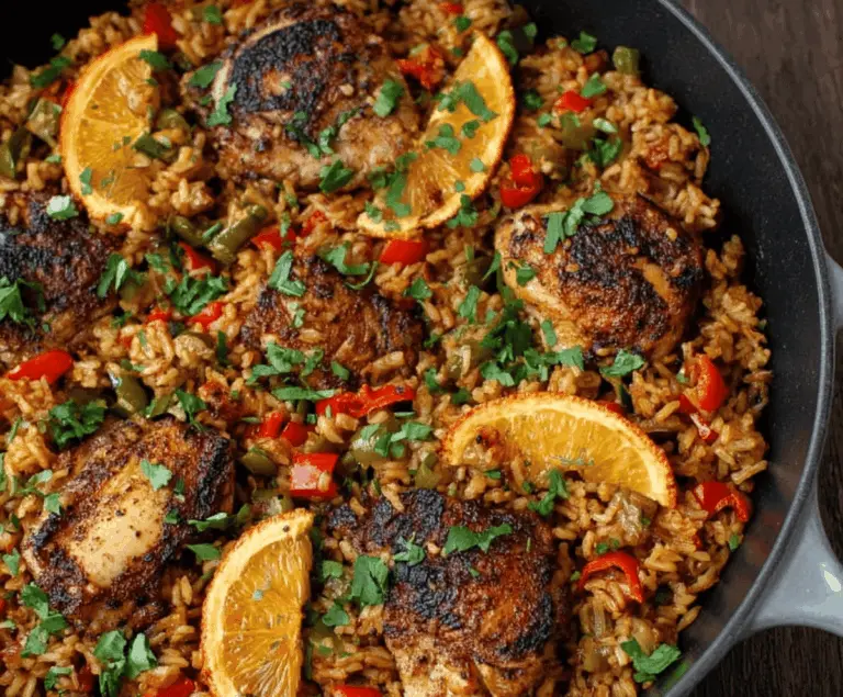 Delicious Caribbean Chicken and Rice dish with colorful vegetables on a plate.