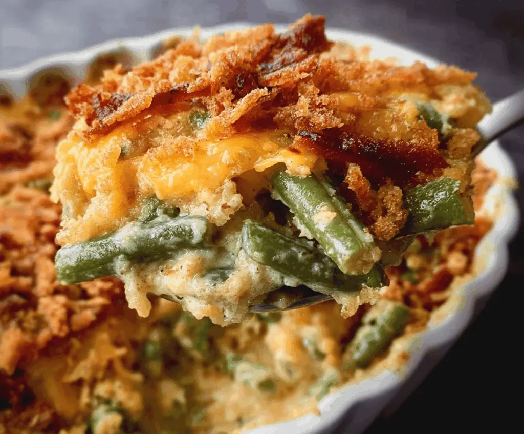 Delicious Cheddar Bay Green Bean Casserole with melted cheese and crispy topping, perfect for holiday dinners.