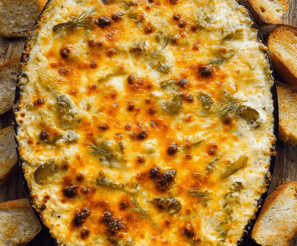 Creamy cheesy baked pickle dip served in a bowl, perfect for snacking.