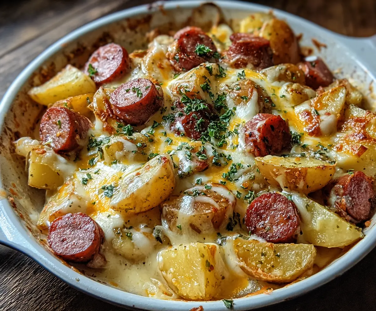 Creamy Cheesy Ranch Potatoes with Smoked Sausage slices on a serving plate.
