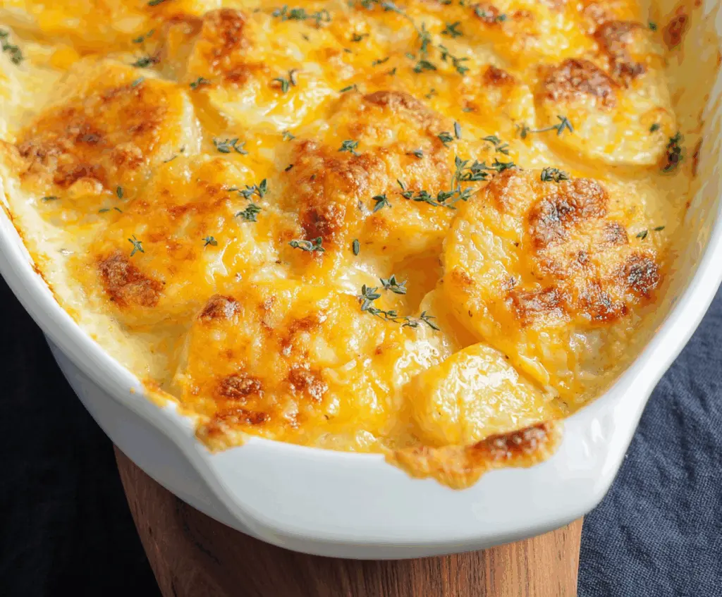 Delicious cheesy scalloped potatoes baked to golden perfection, perfect for a comforting side dish.